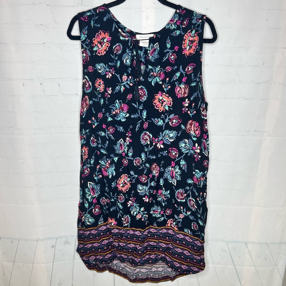 Beach Lunch Lounge Black Purple Floral Sleeveless Tunic Dress Cover Up Boho Sz L